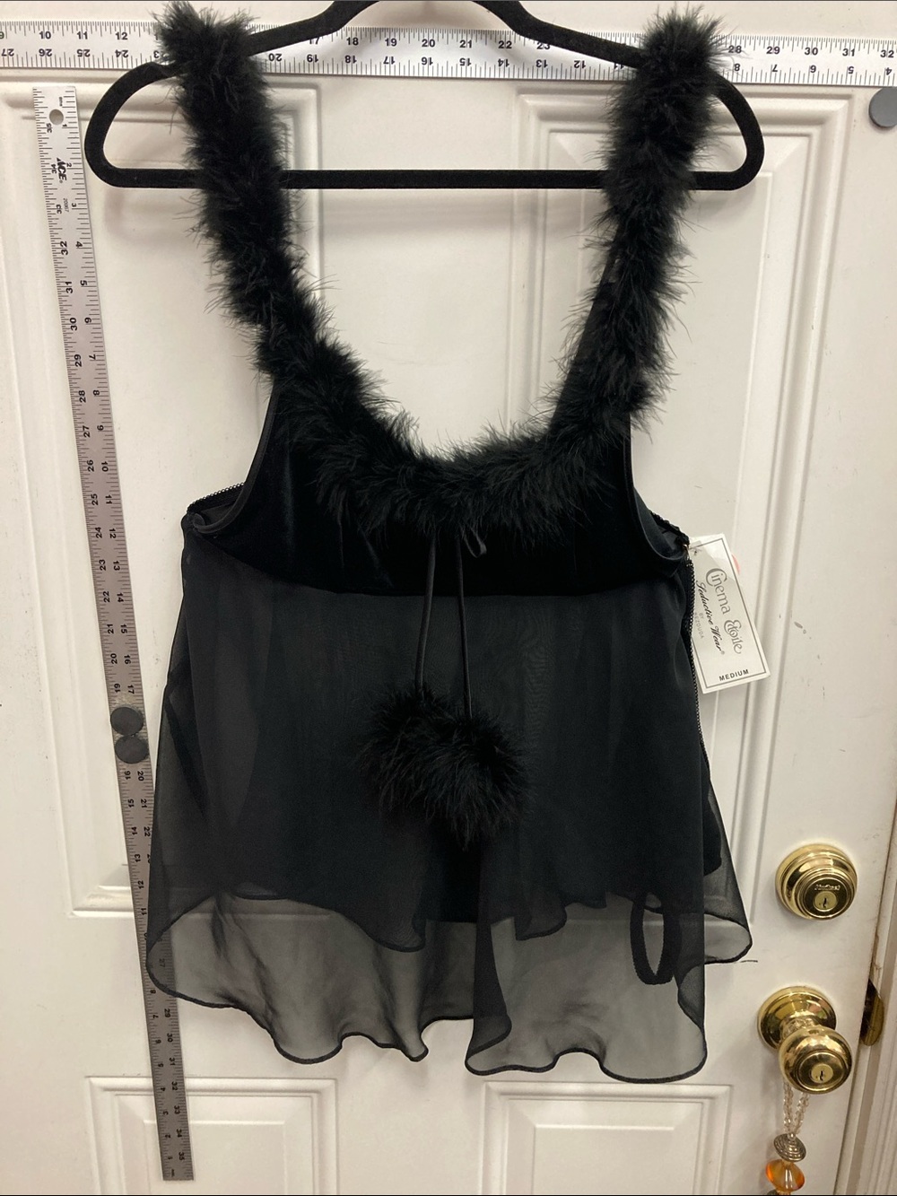 Black Sheer Marabou Trim Babydoll Lingerie Two Piece Set - Pre-loved
